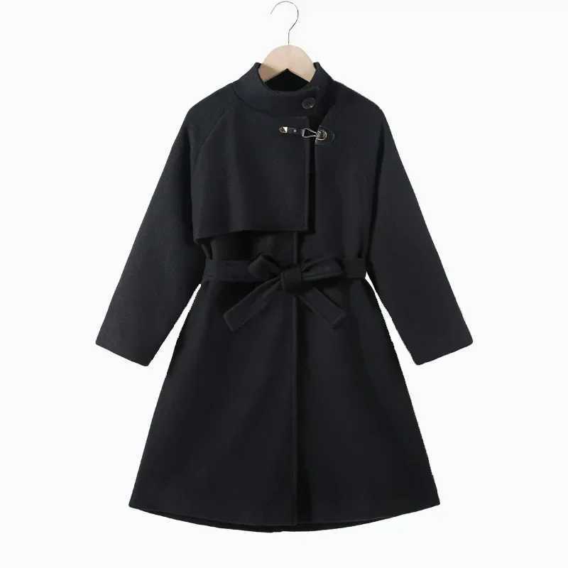 Winter girls wool coat long double-sided coarse tweed childrens coat fashionable casual gray 10 12 14 year old teenagers coat W241023