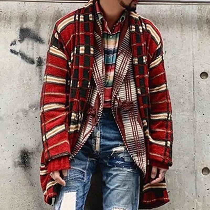 Autumn and Winter Mens Fashion Europe The United States Plaid Knit Cardigan Long Casual Loose Large Size Sweater Coat Men 241008