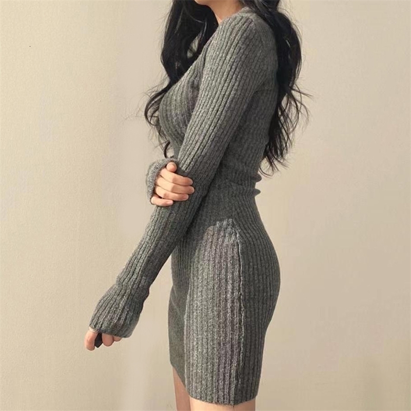 Women Knit Slim Sexy Bodycon Dress VNeck Long Sleeve Solid Casual Midi Sweater For 2024 Autumn Winter 241007