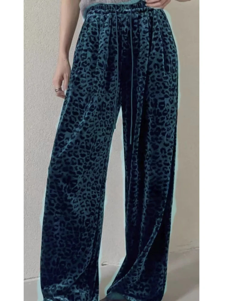 Elastic waist brushed leopard print loose gold velvet pants winter chic straight womens pants casual retro Trouser streetwear 241023