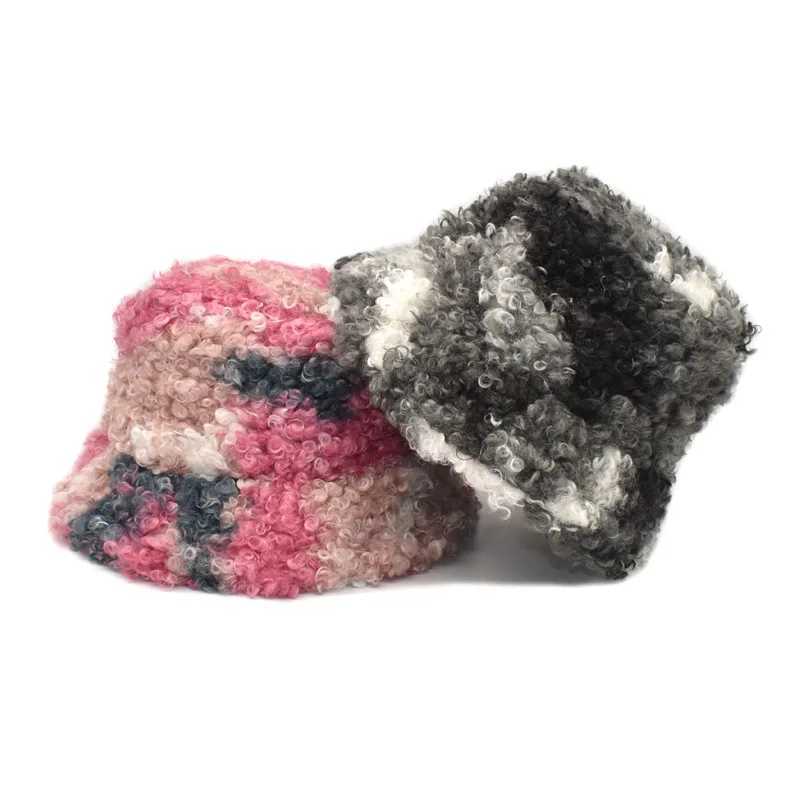 Bucket hat new winter base hat tie dye lamb wool trend female thigh fisherman hat autumn and winter hat X241023