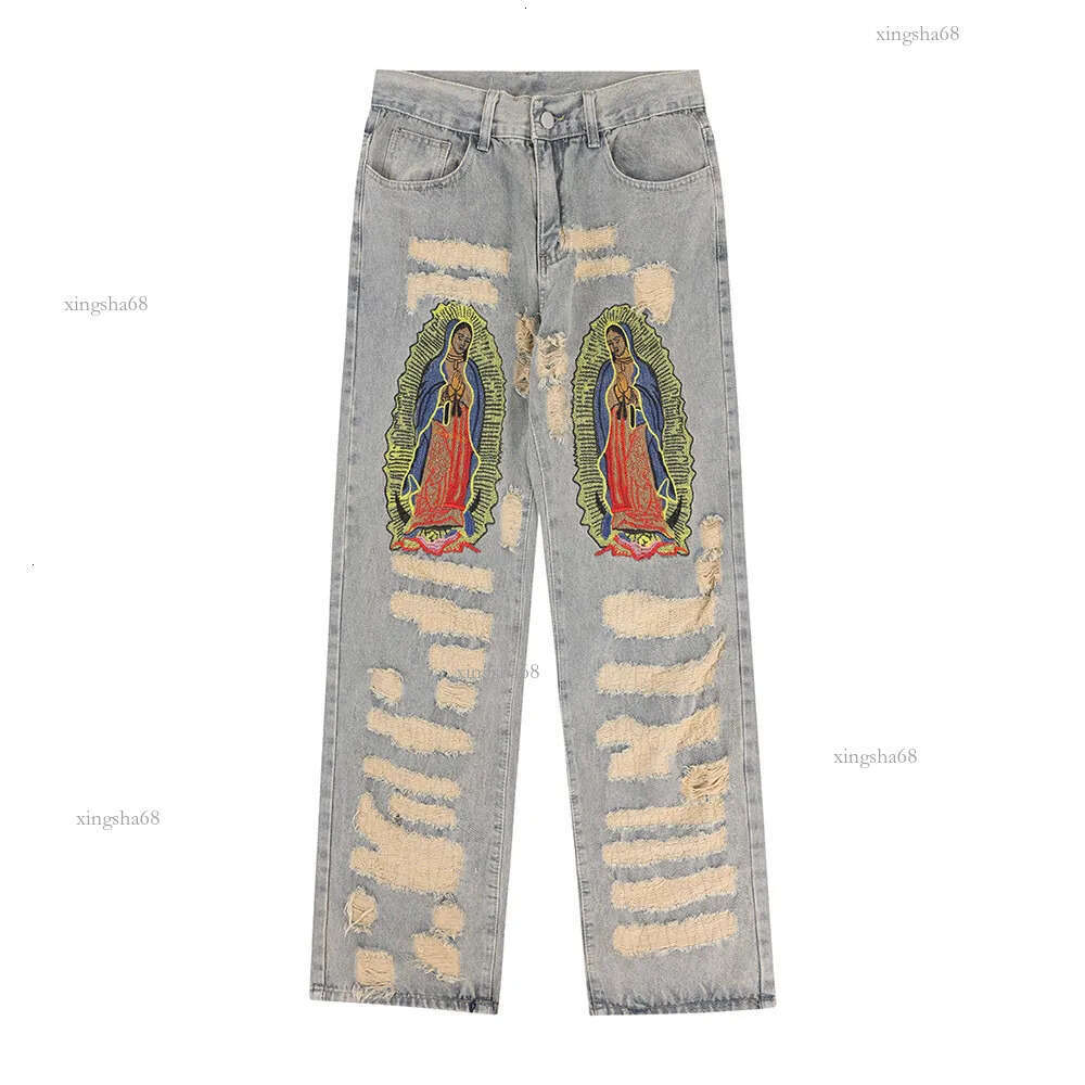 Men's Jeans Y2K Hole Distressed Embroidery Baggy Denim Trousers Unisex Straight Hip Hop Loose Jeans Ripped Casual Men's Cargo Panrs Oversize