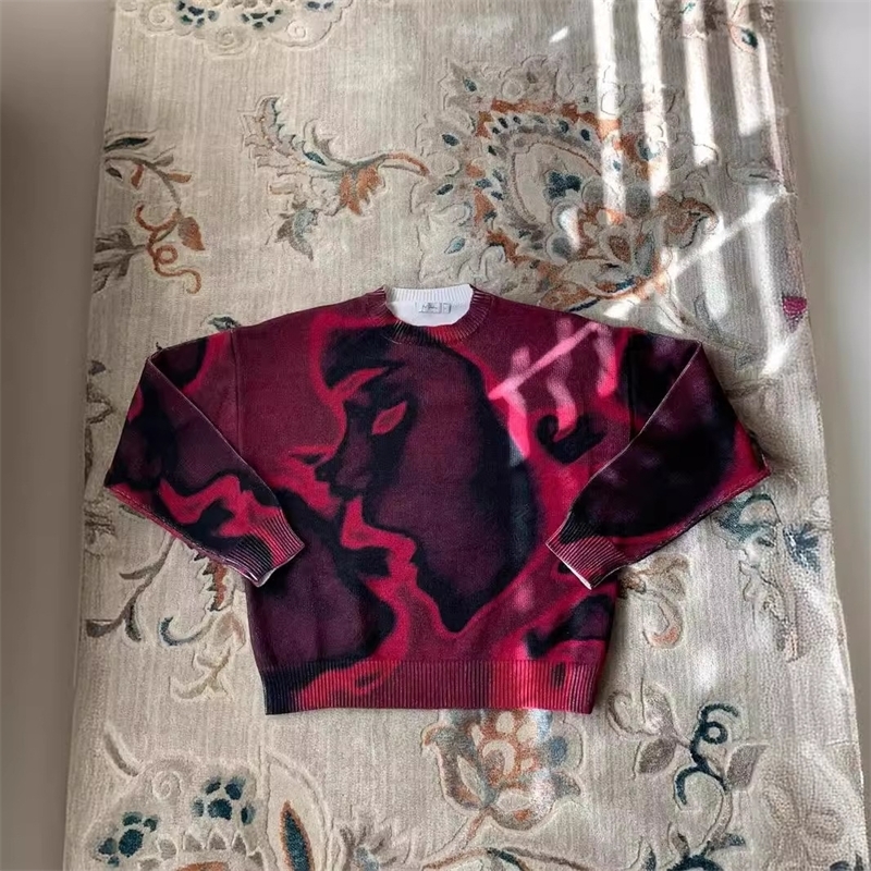 American Street Figure Geometric Printing Loose Harajuku Couple Knitted Sweater Y2k Retro Rose Red Casual Pullover 240930