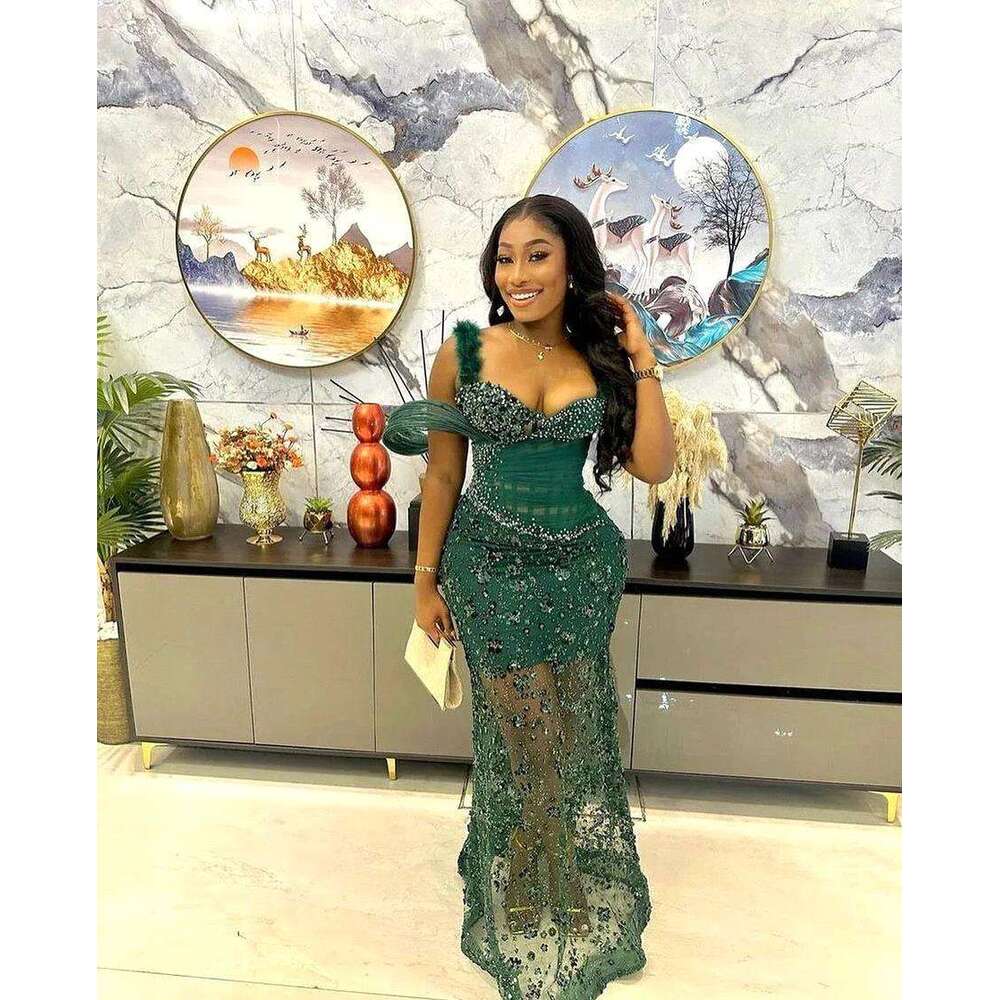 Exquisite Green Evening Dresses Off Shoulder Glitter Beaded Sequins Crystals Feathers Elegant Party Formal Prom Gowns bc19673
