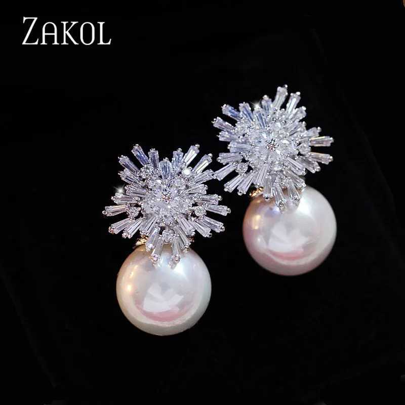 ZAKOL Korean Fashion Round Simulated Pearl Snowdrop Earrings Suitable for Elegant Women Cz Zirconia Bridal Jewelry EP075 W241023
