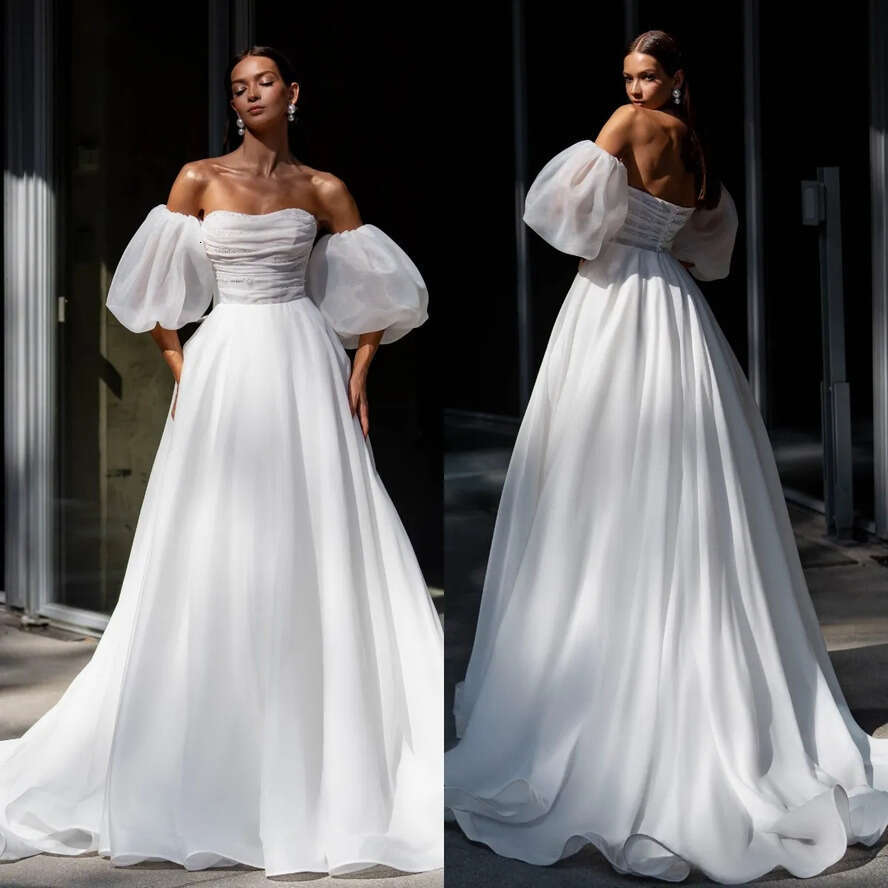 A Fashion E Dresses For Bride Puffy Sleeves Pearls Detail Wedding Dress Backless Designer Bridal Gowns Sweep Train