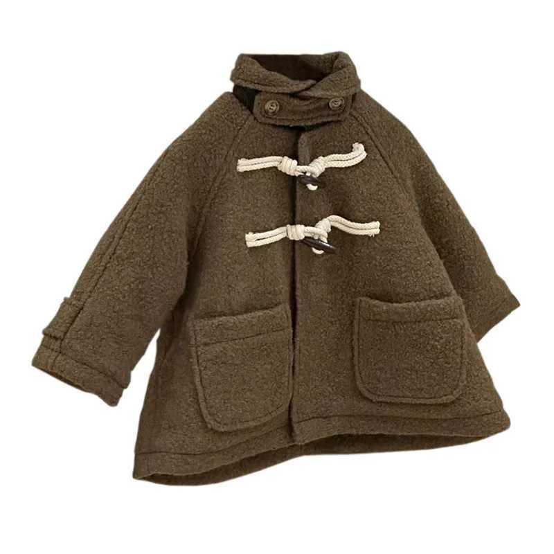 2024 Autumn Winter Korean Baby Womens Wool Coat Warm Turnaround Collar Baby Womens Jacket Solid Horn Button Childrens Womens Coat W241023