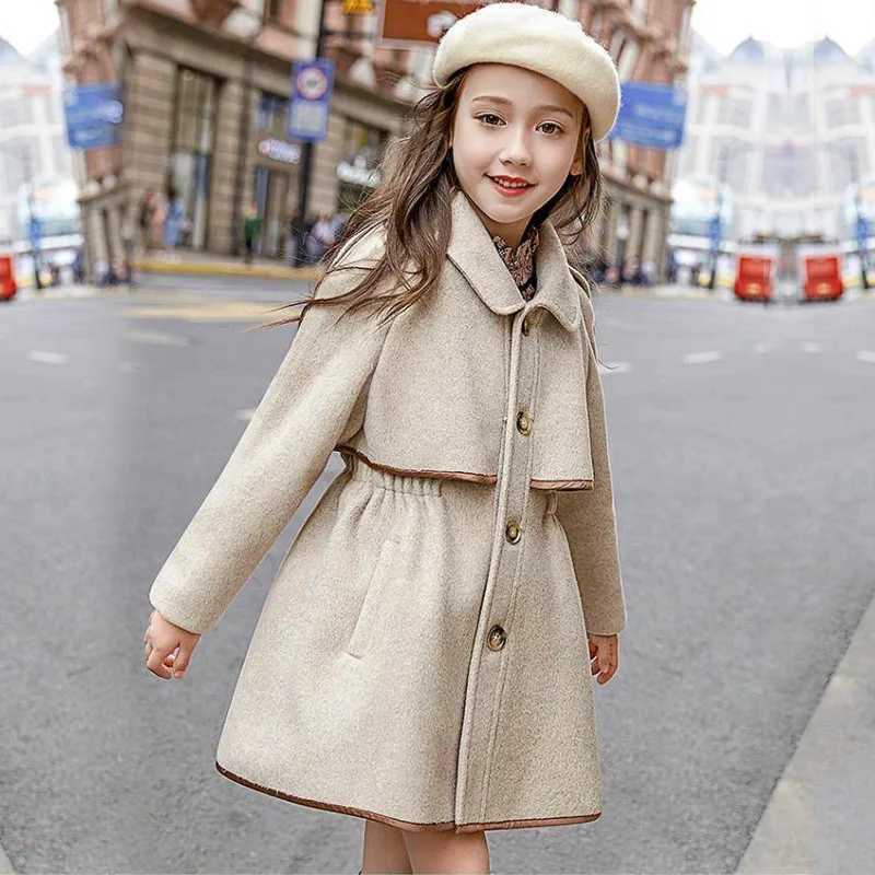 Winter beige thick long jacket little girls coat corset wool coat cotton trench jacket teenage girls coat 2-16Y W241023
