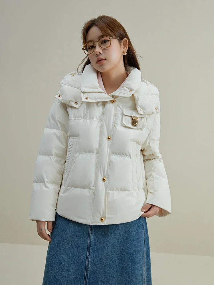 DUSHU 104G filling capacity detachable hooded short loose jacket winter brown down jacket womens white duck down jacket 241023