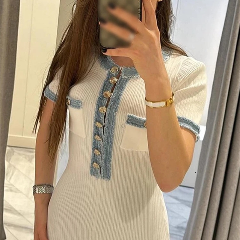 Elegant V Neck Denim Patchwork Knitted Long Dres Fashion Short Sleeved Buttons Bodycon Dresses Office Lady Pockets Robes 241007