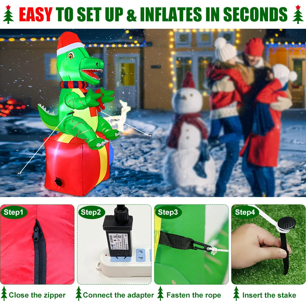 6-foot dinosaur Christmas inflatable outdoor decoration Christmas inflatable courtyard decoration Christmas indoor and outdoor garden lawn decoration 