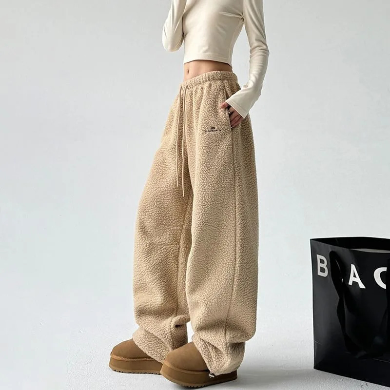 QWEEK Y2k Casual Winter Sweatpants Woman Oversize Korean Harajuku Thick Pants Autumn Warm Khaki Wide Leg Trousers 241022