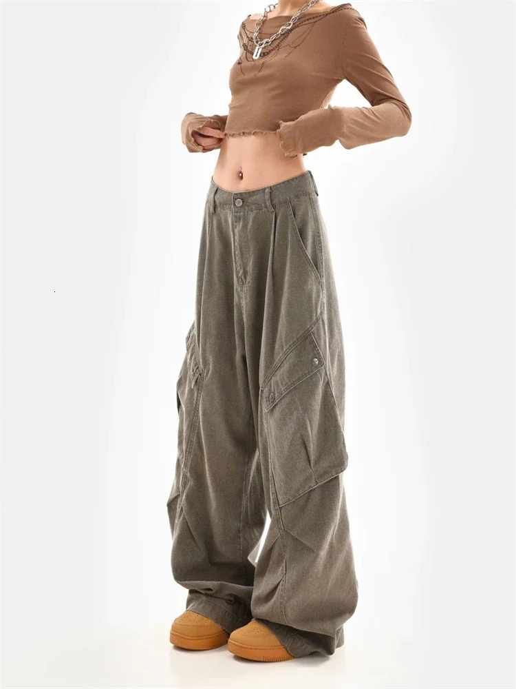 Womens Multi Pocket Splicing Unisex Pants Retro Street Wide Leg Girl Bottom Womens High Waist Bag Trouser 241023