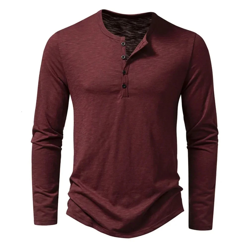 Mens cotton button Henry collar shirt long sleeved casual button solid color fashionable T-shirt 241024