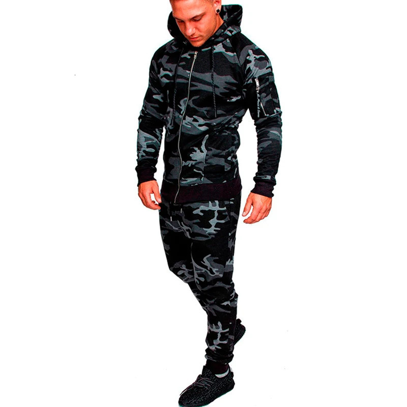 mens track suit hoodie 2-piece set create your camouflage muscle mens autumn and winter tactical sportswear jacket pants 241024