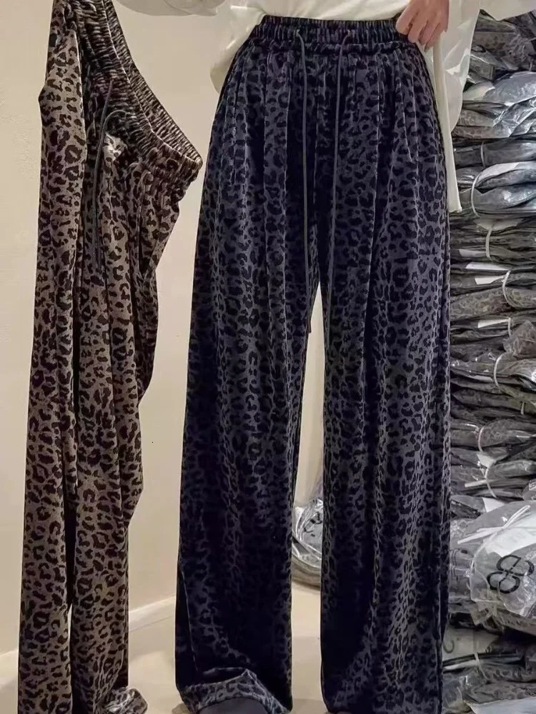 Elastic waist brushed leopard print loose gold velvet pants winter chic straight womens pants casual retro Trouser streetwear 241023