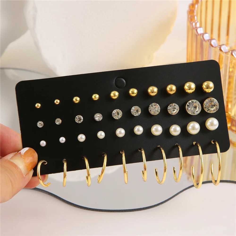 Fashion classic womens simple small stud earrings gold crystal rhinestone pearls set of 20 pairs of earrings jewelry W241023