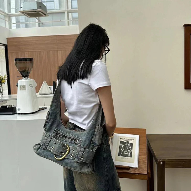 Trendy Women Vintage Denim Punk Shoulder Bag Y2k Streetwear Grunge Handbag Cool Girls Retro Gothic Casual Underarm Bags 241017