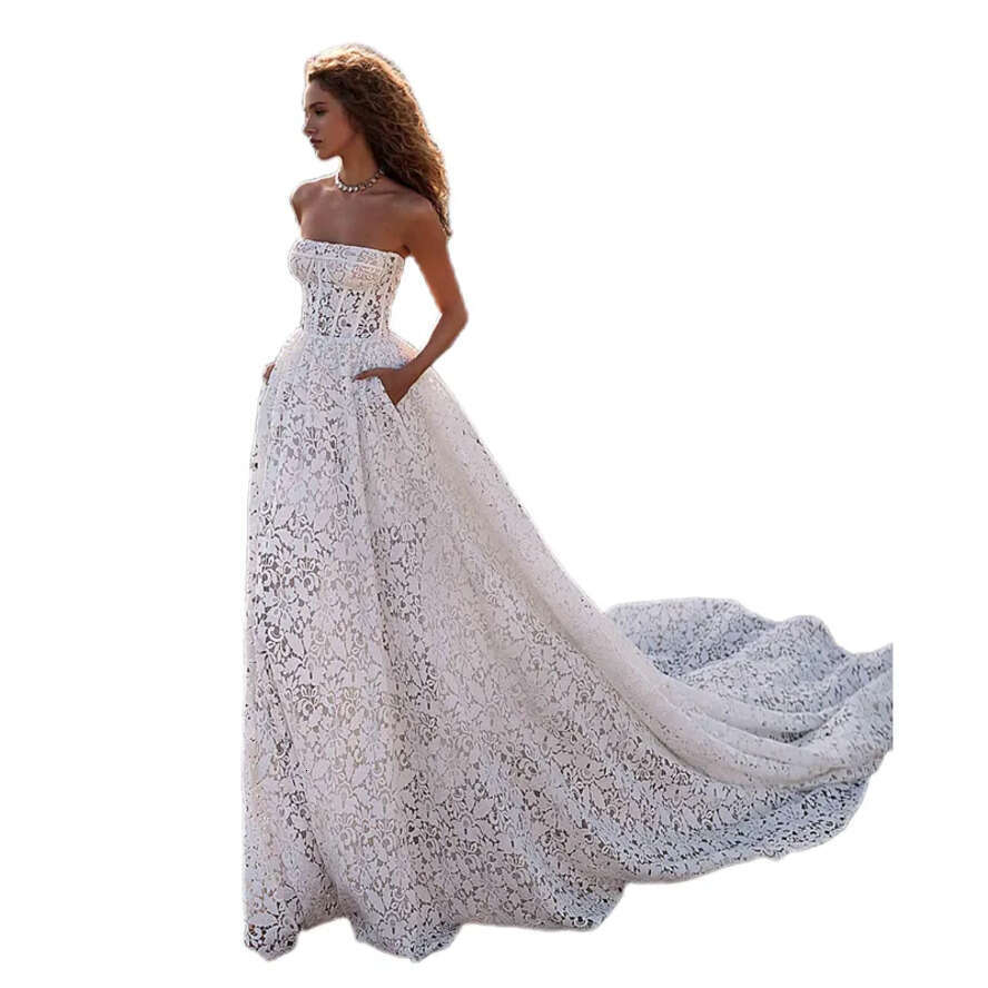 2023 Full Lace Country Wedding Dresses With Pockets Strapless Corset A E Bridal Gowns Sweetheart Sleeveless Long Bride Dress Court Train