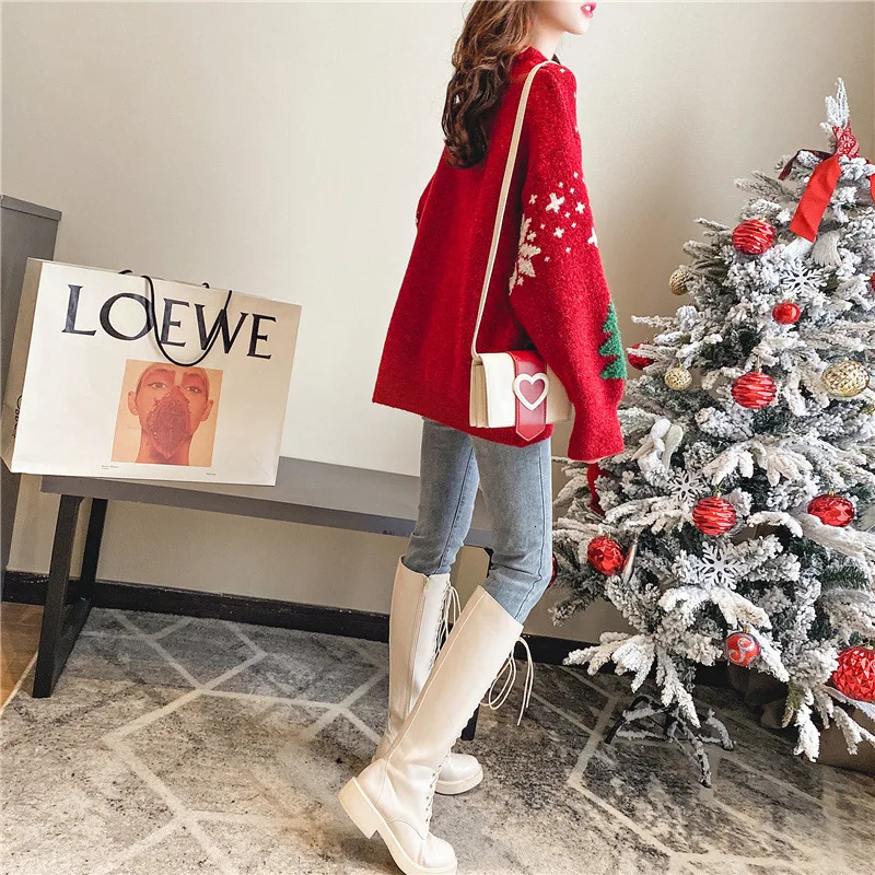 Autumn/Winter Korean Thick Color Blocked Christmas Sweater Womens Hoodie Snowflake Loose Round Neck Lazy Style Top 241024