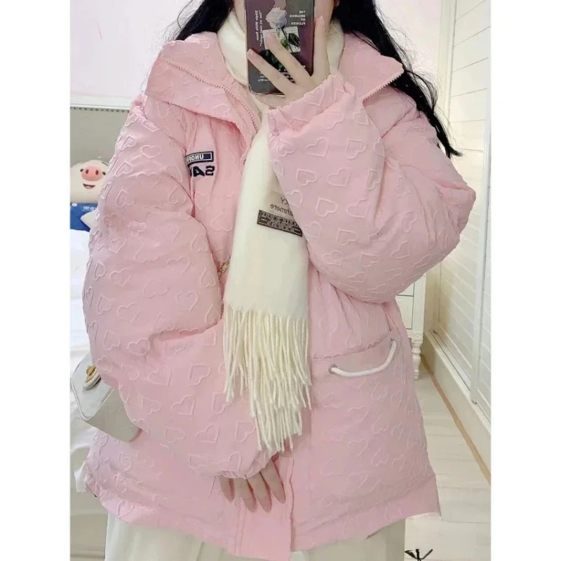 Winter Love Bread Down Jacket Womens Harajuku Fashion Leisure Multi functional Pocket Zipper Thickened Bracket Collar Cotton Jacket 241024