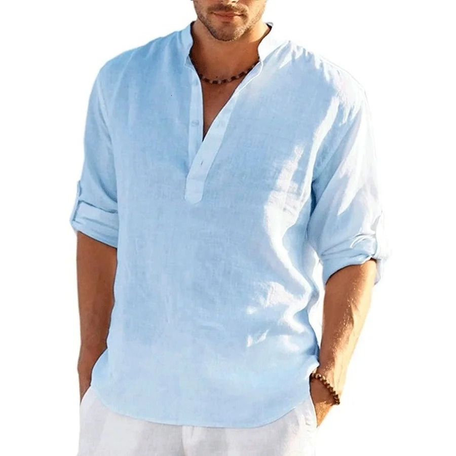 mens linen long sleeved loose casual T-shirt long sleeved cotton linen shirt trend top plus size S-5XL 241023