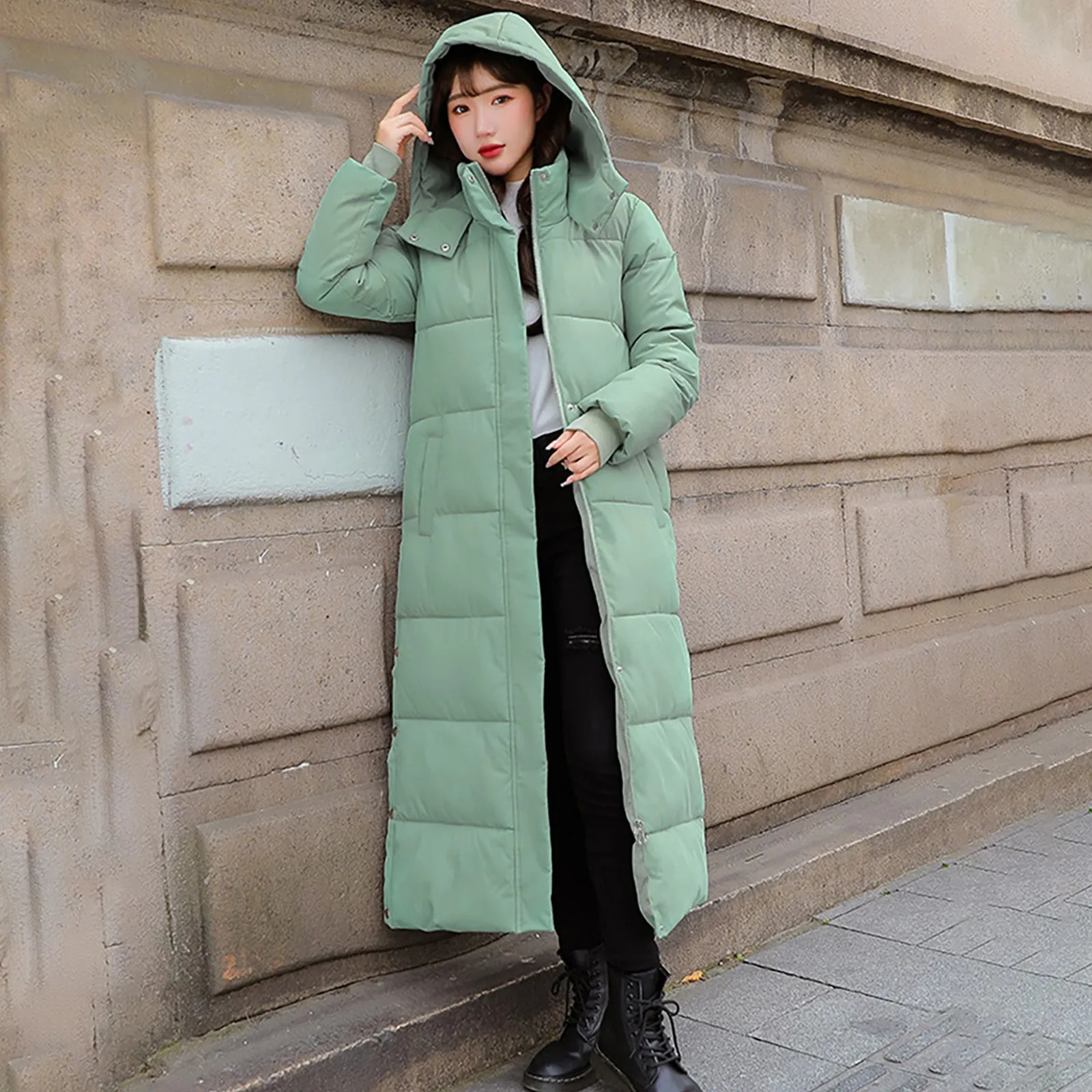 Womens thick coat warm winter portable hoodie Parka extra long knee cotton jacket womens black oversized coat 241023