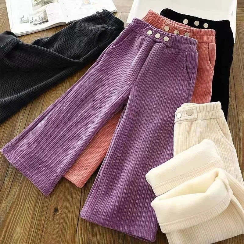 Girls thick and wide leg pants winter and autumn big childrens velvet warm pants childrens aprons casual pants 4-12 years old 241024