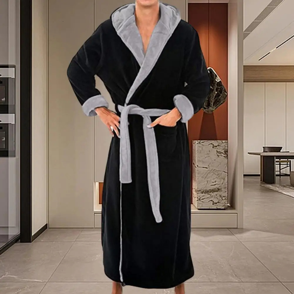 Plush Bathroom Deluxe Mens Hooded Bathroom with Adjustable Belt Super Soft Absorbent Mens Robe Pocket Plush Solid 241023
