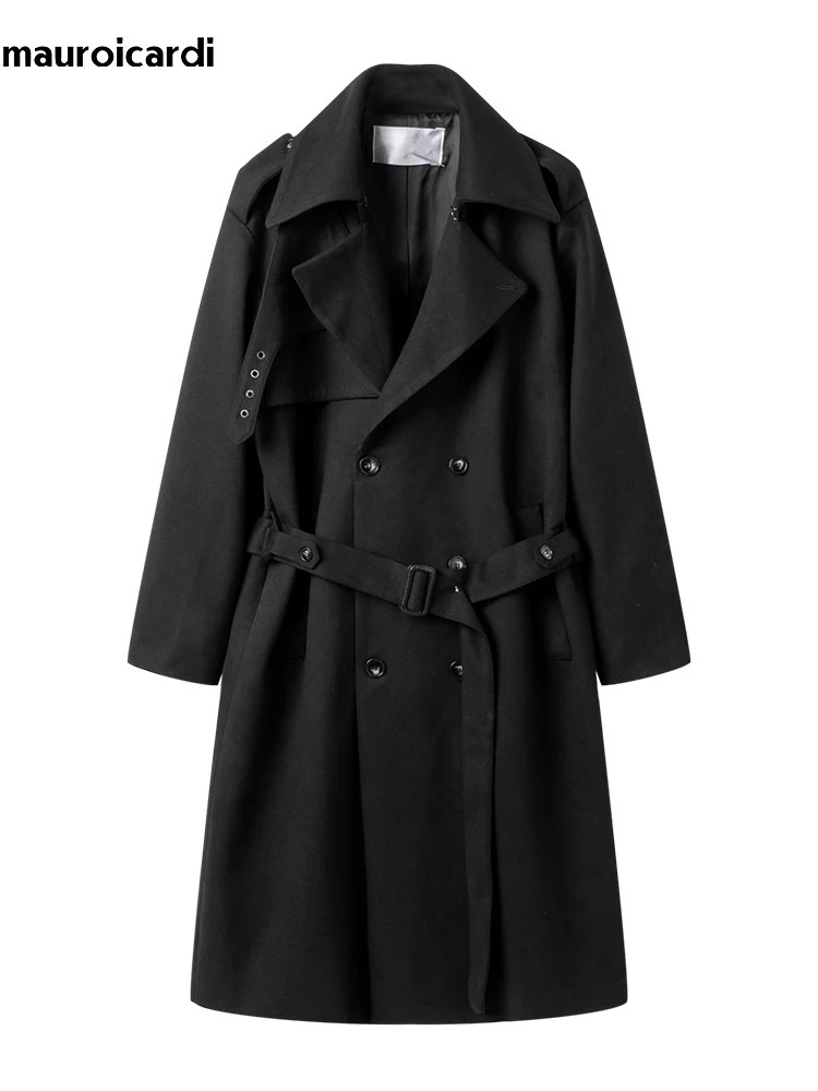 Mauroicardi autumn and winter ultra-thin windproof black warm wool coat mens waist belt double chest wool blend coat 241024