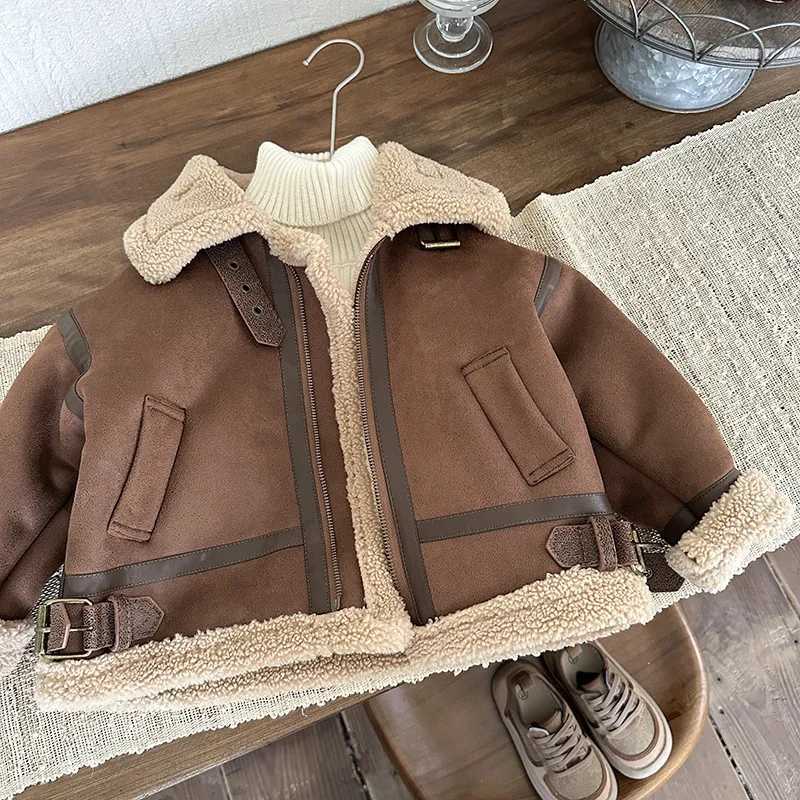 Boys suede jacket autumn and winter wool thick zipper jacket motorcycle childrens cashmere casual jacket W241023