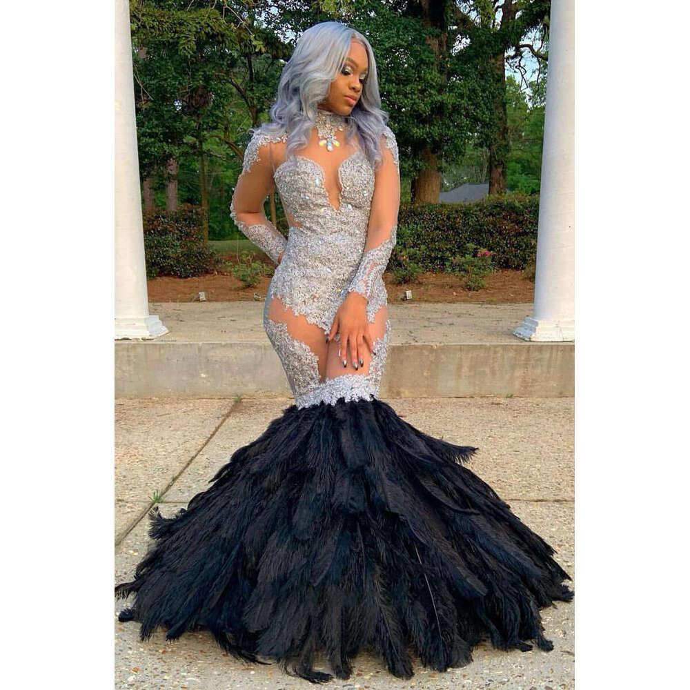 Sexy Prom Dresses For Women Applique Crystal Dress Slim Fit Long Sleeves High Collar Gown Evening Party Feather Skirt