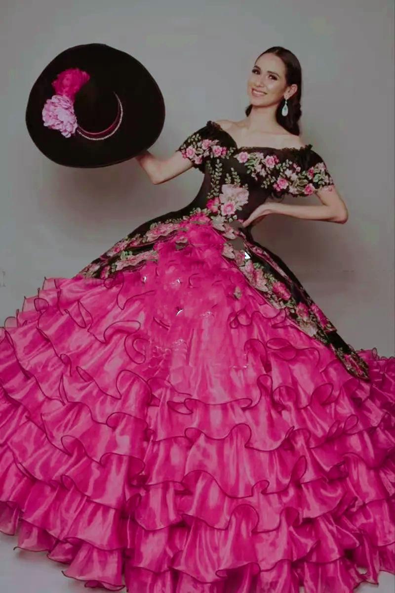 Gorgeous Embroidery Floral Quinceanera Dresses Off Shoulder Pluffy Ball Gown Prom Dress Tiered Hot Pink Organza Skirt Vestido 15 Anos