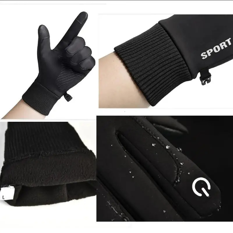 Black Winter Warm Full Fingers Waterproof Cycling Outdoor Sports Running Motorcycle Ski Touch Screen Fleece Gloves 241024
