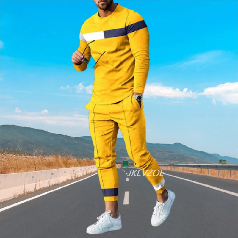 3D printed yellow mens streetwear autumn mens fashion long sleeved T-shirtTrousers casual tracksuit 2-piece set 241024