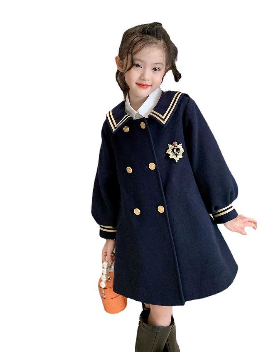 Girls mid length jacket 2023 spring/summer navy blue Sle jacket fashionable double chest clothing for little girls and children W241023
