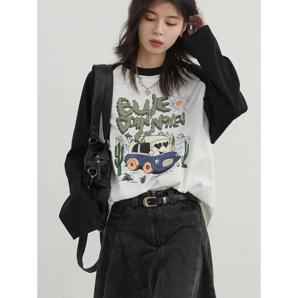 CHIC VEN Women T-Shirt Loose Long Sleeved New O Neck Tees Raglan Sleeves Cartoon Printed Female Tops Autumn Winter 2024