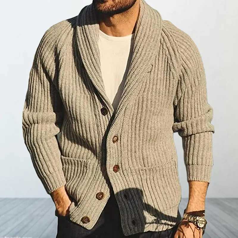Mens Cardigan Sweater Autumn and Winter Solid Color Lapel Long Sleeved Outerwear Knitted Sweater Retro Sweater Clothing LX241024