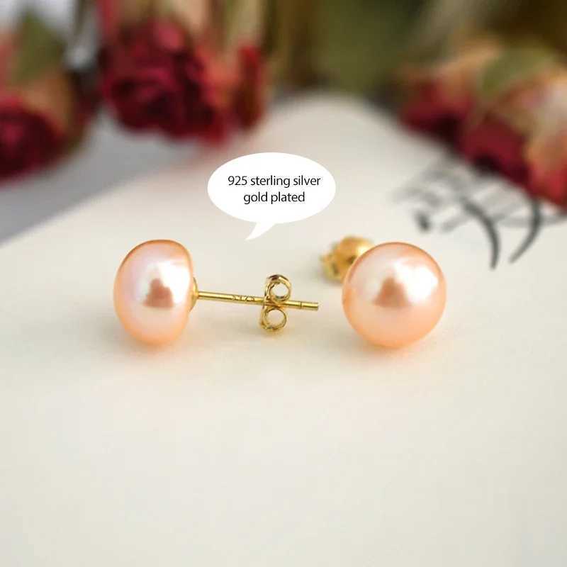 ASHIQI 925 Sterling Silver Natural Freshwater Pearl Stud Earrings White Pink Purple Gold plated for women JewelryX241023