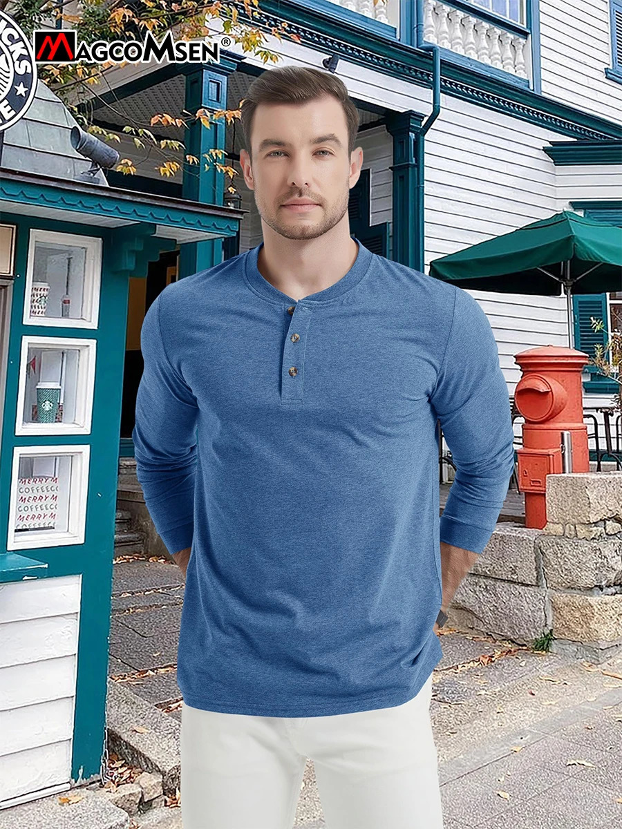 MAGCOMSEN Henley Cotton T-shirt mens long sleeved mens front checkered shirt fashionable Henry collar T-shirt casual retro streetwear 241024