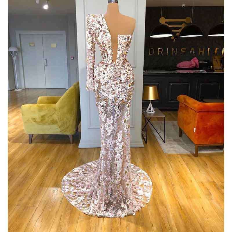 2023 Sexy Mermaid Dresses One Shoulder Deep V-Neck Hand Beaded Prom Dress Sparkly Evening Gown