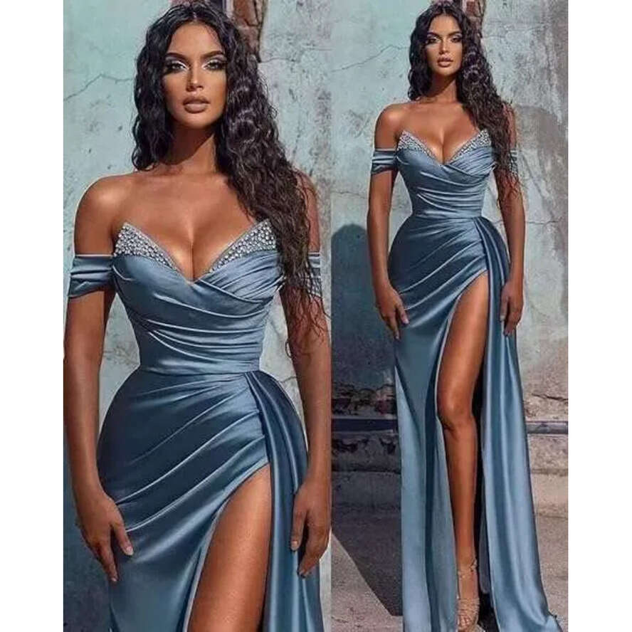 Side Elegant Slit Long Prom Dresses For Women African Beaded Satin Formal Evening Party Gowns Off Shoulder Robe mal
