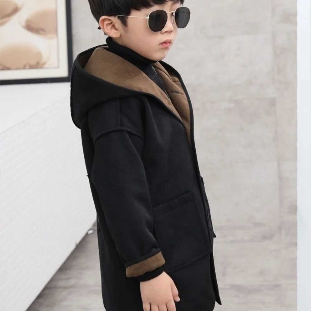 Boys Korean single chest solid thick warm pocket design 2023 new mid length trench coat wool jacket W241023