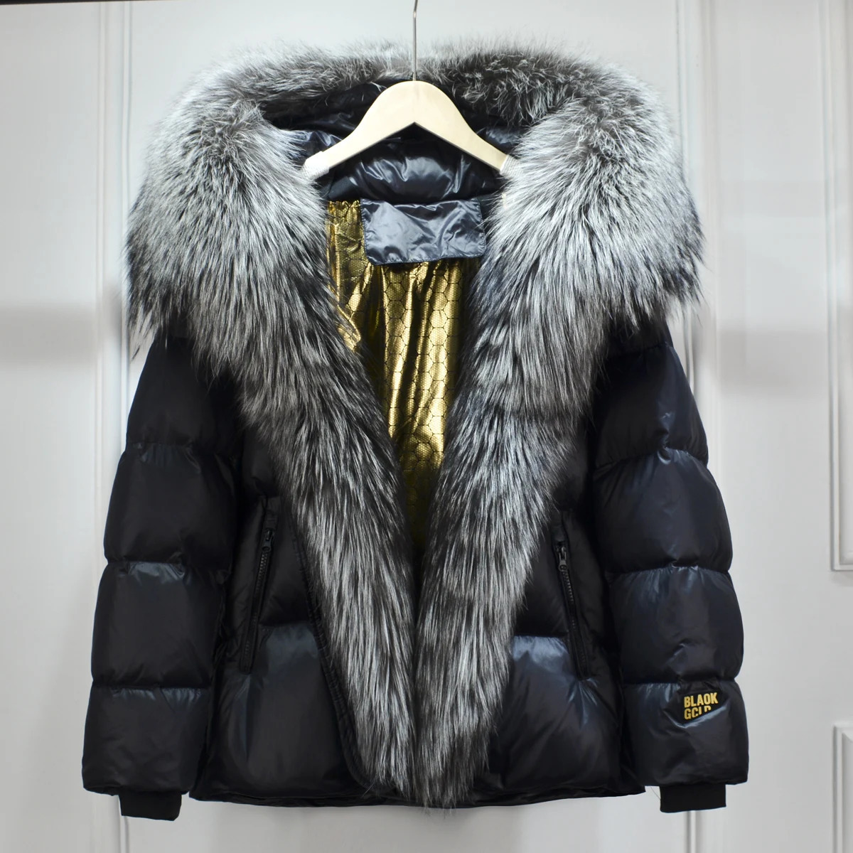 Janveny large natural silver fox fur collar hooded fashion park short inflatable jacket womens 90% white duck down jacket 241023