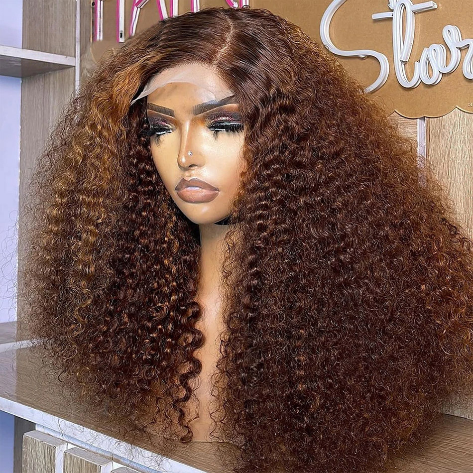 HD 13x4 Kinky Curly Chocolate Brown Lace Front Human Hair Wigs Pre Plucked Colored Deep Wave Transparent Lace Frontal Wig Synthetic