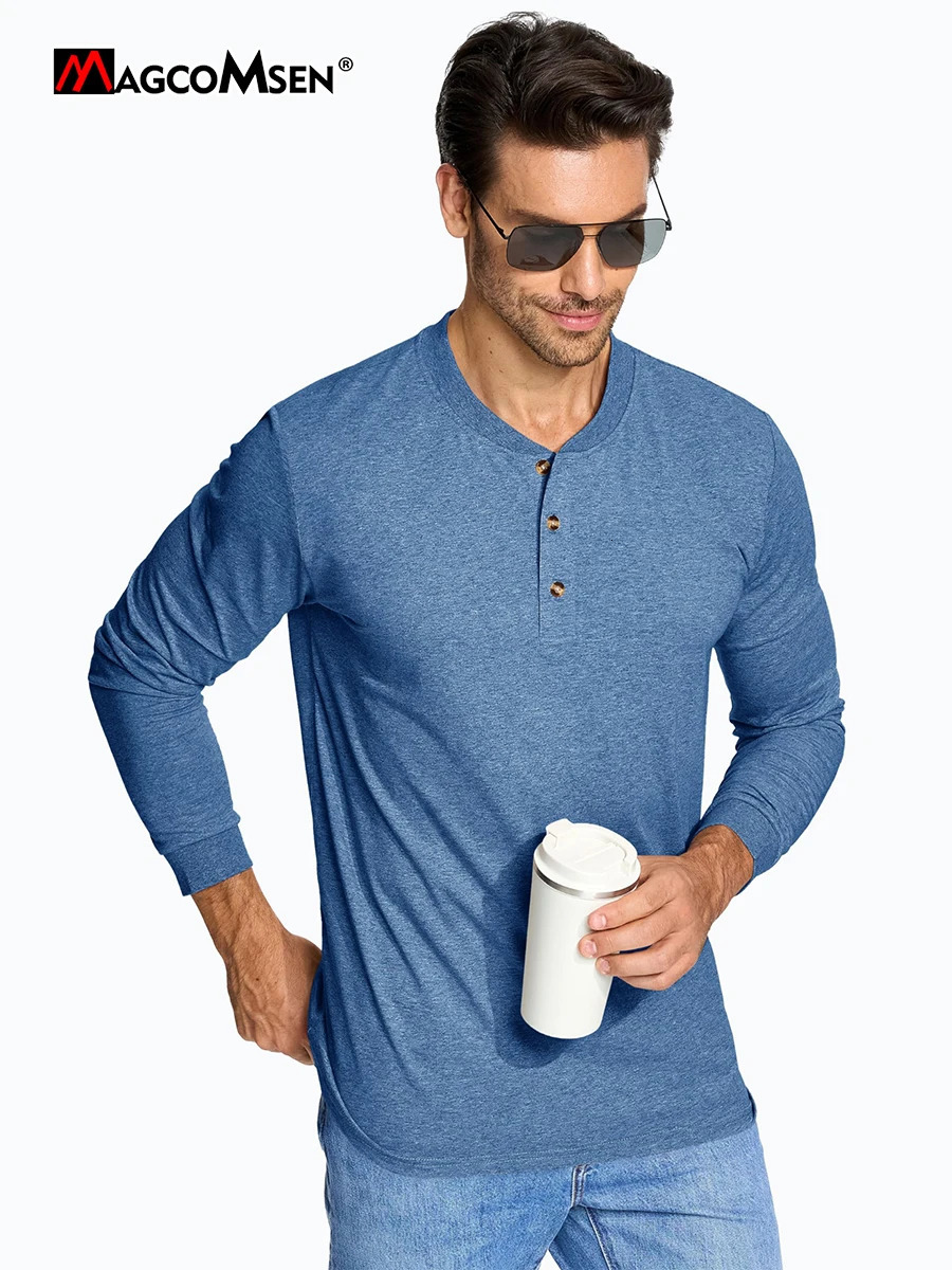 MAGCOMSEN Henley Cotton T-shirt mens long sleeved mens front checkered shirt fashionable Henry collar T-shirt casual retro streetwear 241024