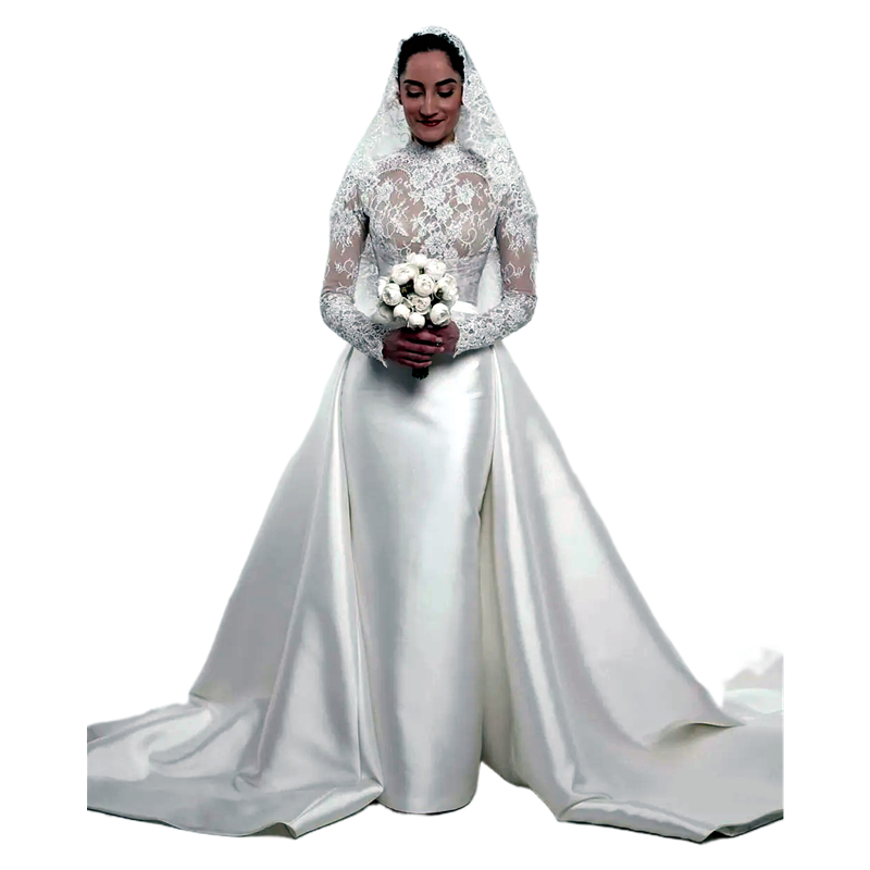 Modern Sheath Wedding Dresses With Detachable Train Lace Long Sleeves Illusion High Neck Satin Elegant Bridal Gown Custom Made 2025 Vestido De Novia