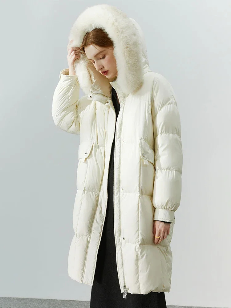 FSLE 142-170G Fox Fur Collar Hoodie Womens Winter 90% White Duck Filled Medium Length Warm Down Coat Womens 241023