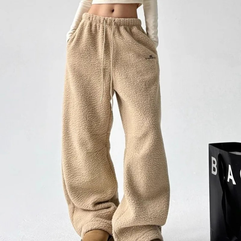 QWEEK Y2k Casual Winter Sweatpants Woman Oversize Korean Harajuku Thick Pants Autumn Warm Khaki Wide Leg Trousers 241022