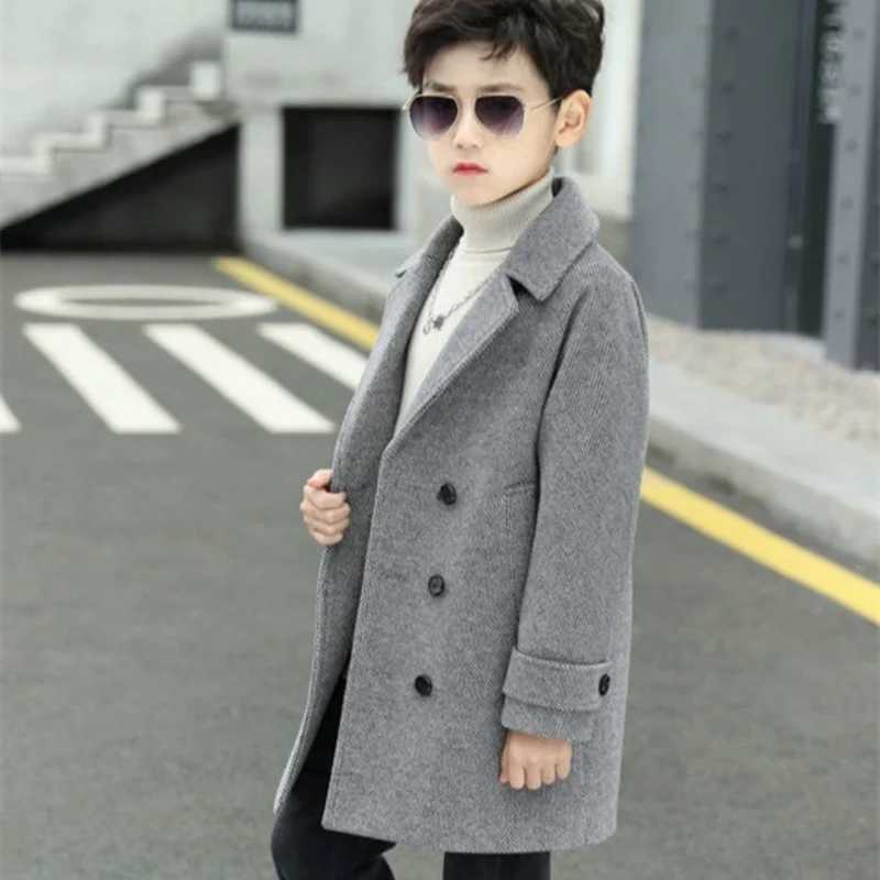 Boys wool coat windproof jacket 2024 hot and thick autumn and winter cotton school childrens clothing W241023